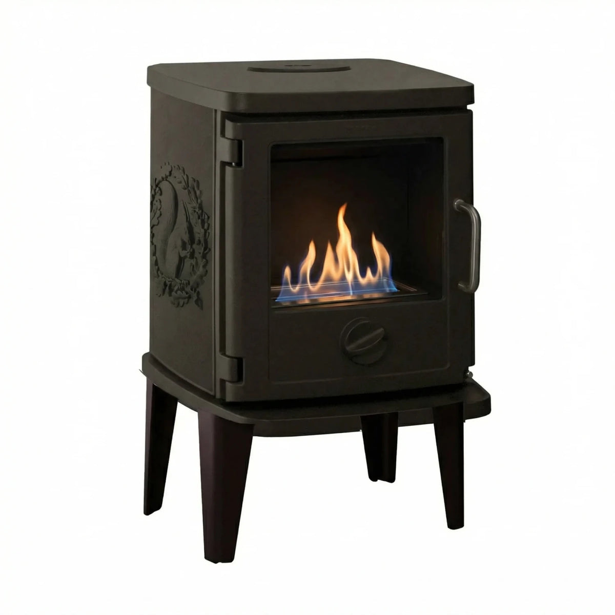 Morsø 3116 bio stove with squirrel design, cast iron, and 250 mm legs