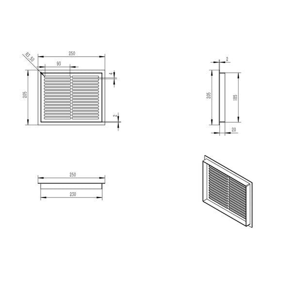 Ventilationsrist Hvid - 25x20,5 cm - 210 cm²