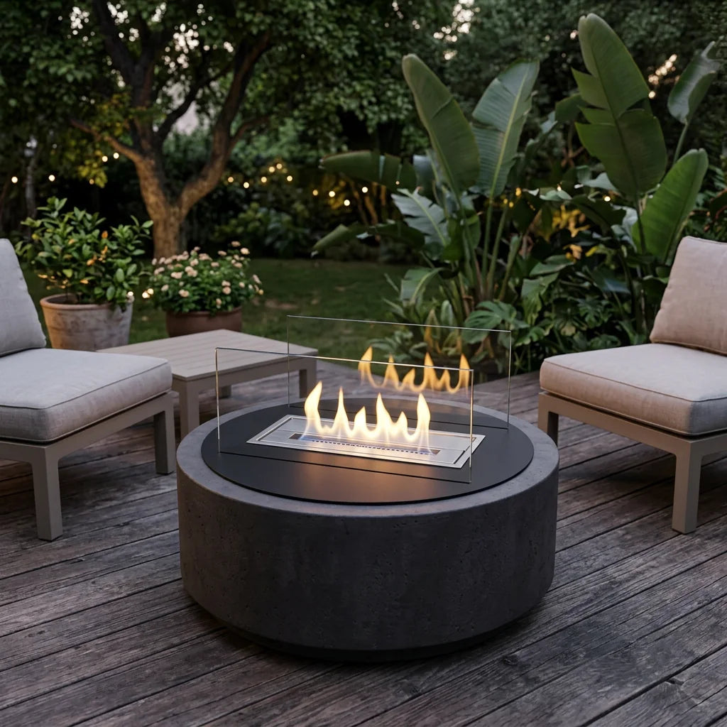 Bioethanol burner assembly with safety glass built into a small outdoor concrete fire table on a wooden deck at dusk