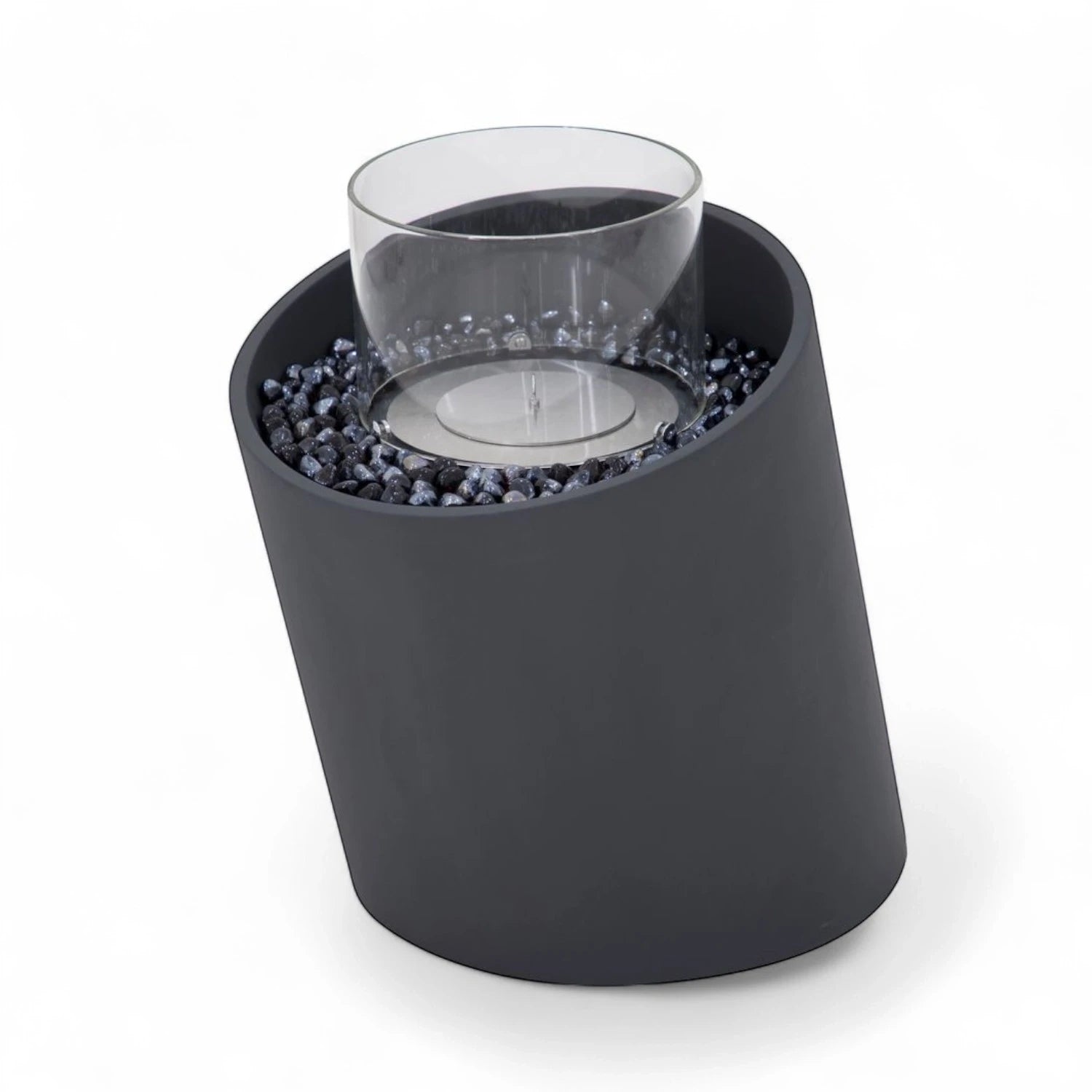 TORRE bioethanol fireplace M – black fiber concrete column with glass and blue stones