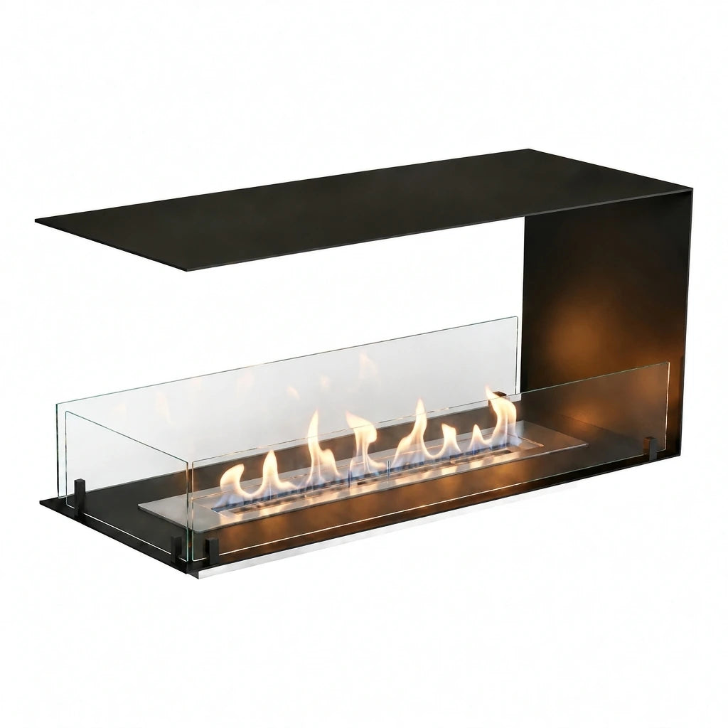 Foco Room Divider 1000 with a realistic lit ethanol flame, front-isometric studio shot.