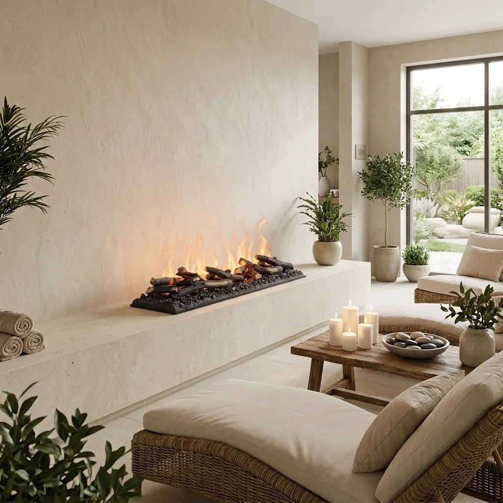 Dimplex Opti-myst Cassette 1000 Projects with decorative logs and warm orange water vapour flames built into a limestone plinth in a spa lounge