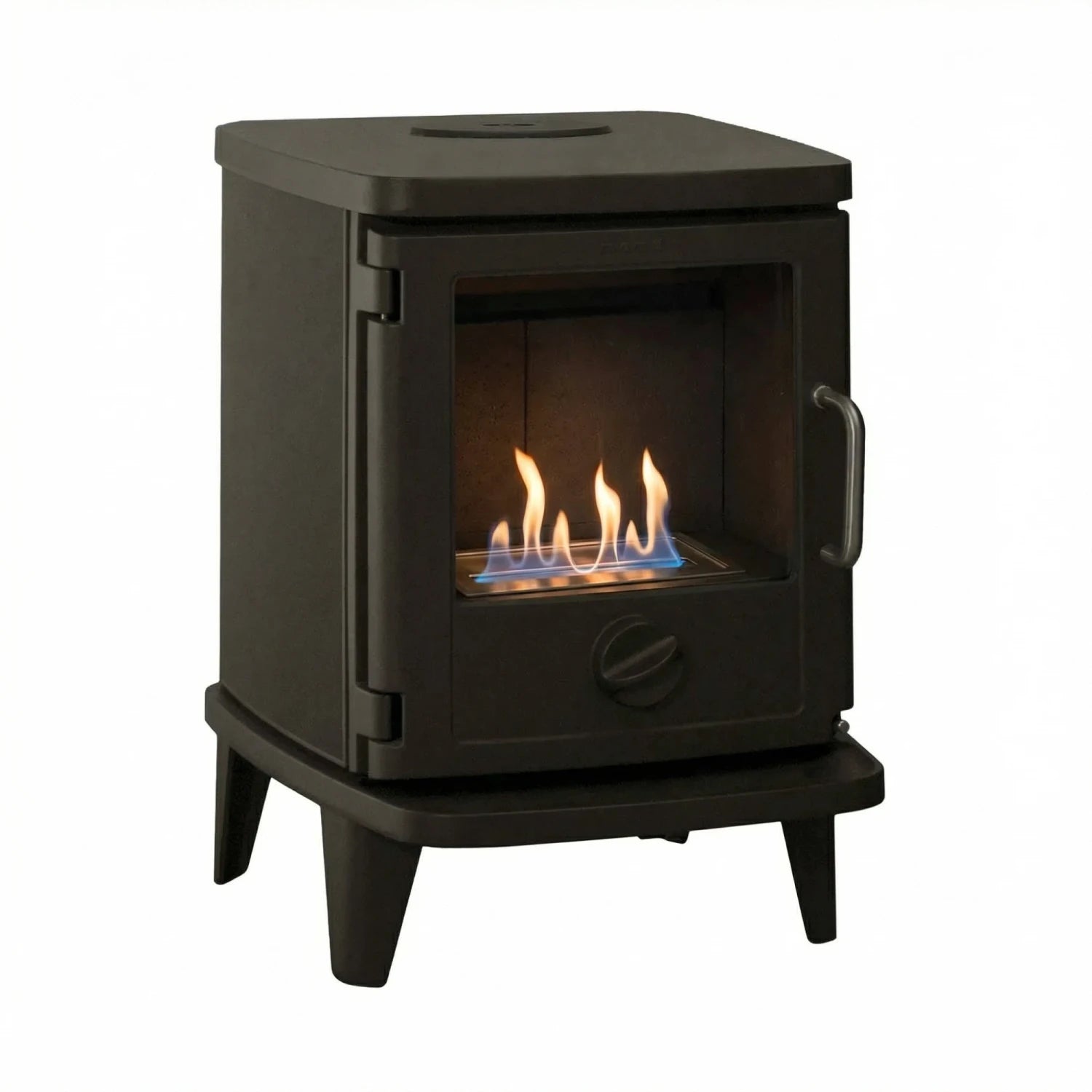 Morsø 3116 freestanding bioethanol fireplace in cast iron with ribbed sides and 150 mm legs