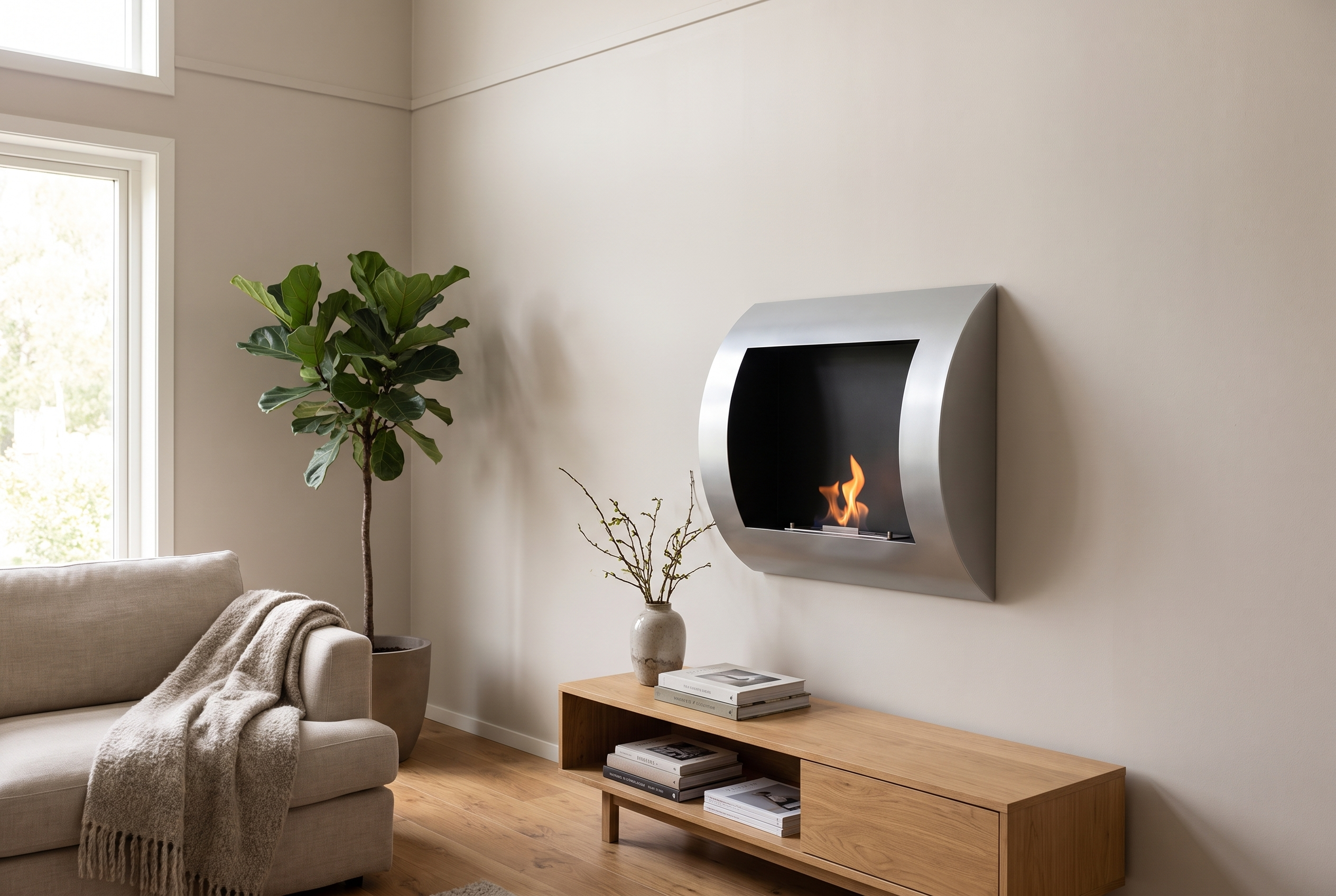 Ocean silvery-grey satin steel wall-mounted bioethanol fireplace with lit flame, styled in a bright Scandinavian living room