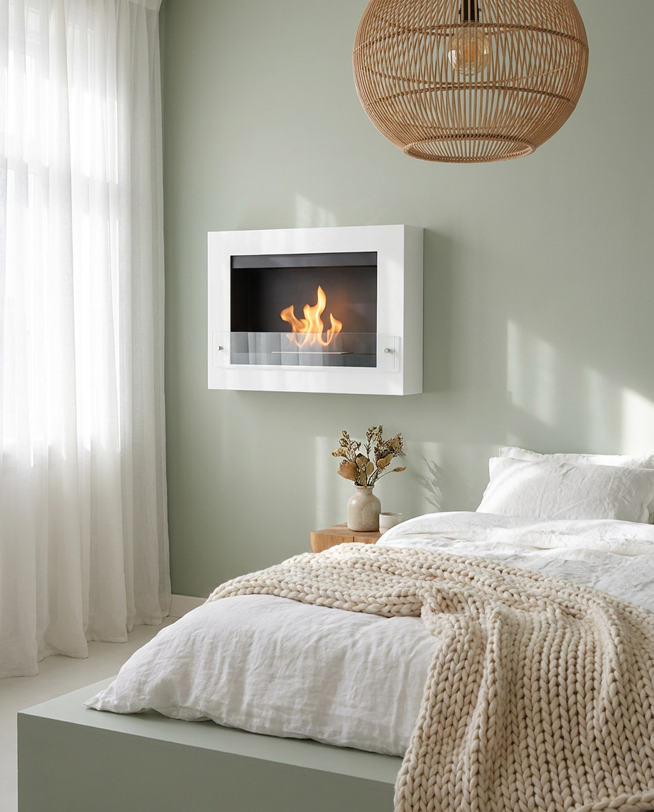 AI-generated lifestyle shot of a white wall-mounted bioethanol fireplace lit above a bed in a soft sage-green bedroom with a rattan pendant lamp