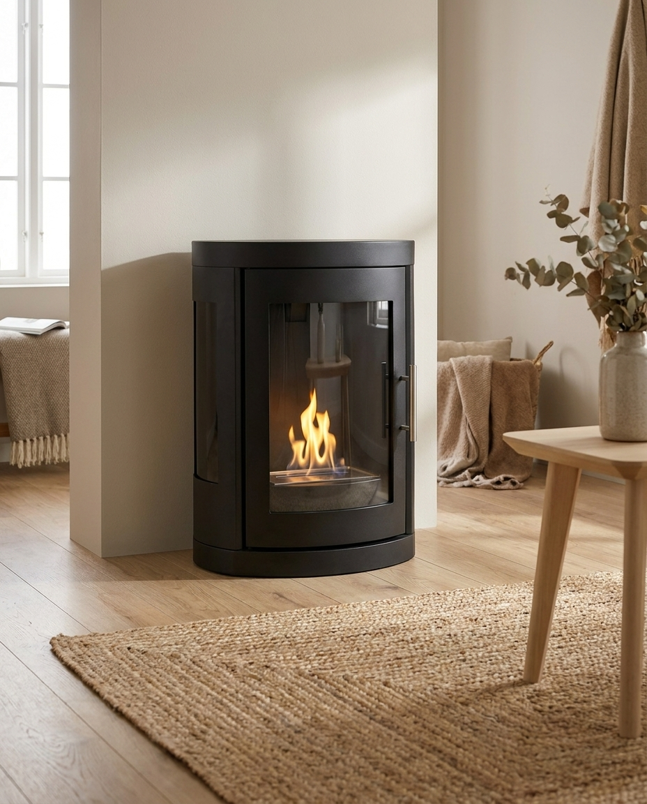 Oregon bioethanol stove used freestanding, standing on a wooden floor in a Scandinavian living room with a jute rug, lit with a realistic flame