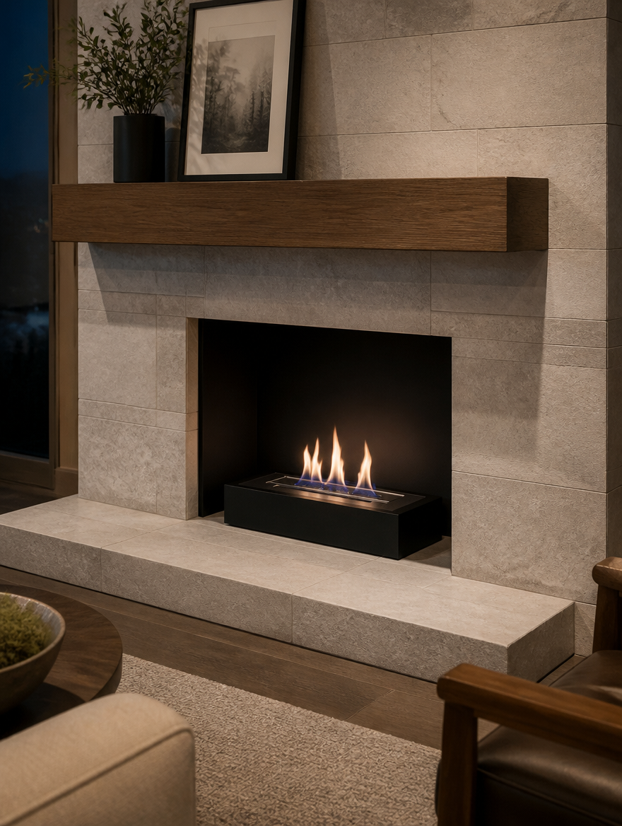 Bioethanol burner insert installed inside a modern tiled fireplace with mantel, lit with a realistic flame