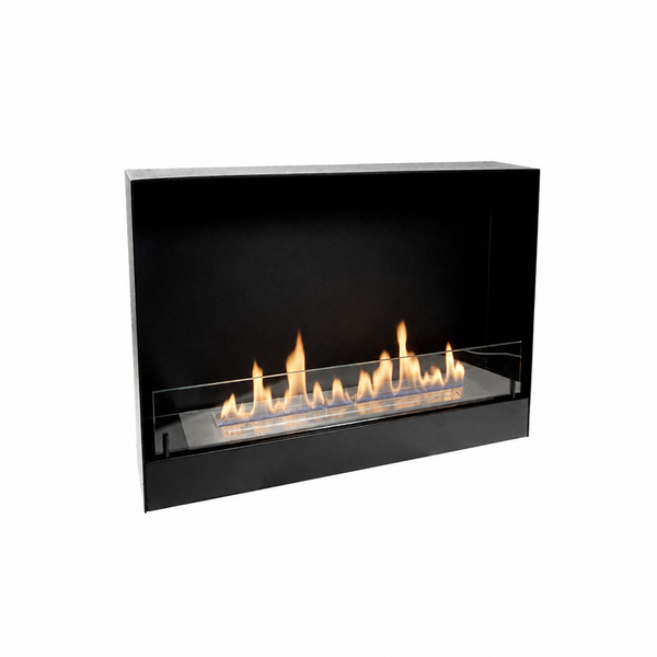 60 cm black bio fire wall insert with a lit natural flame, angled studio view