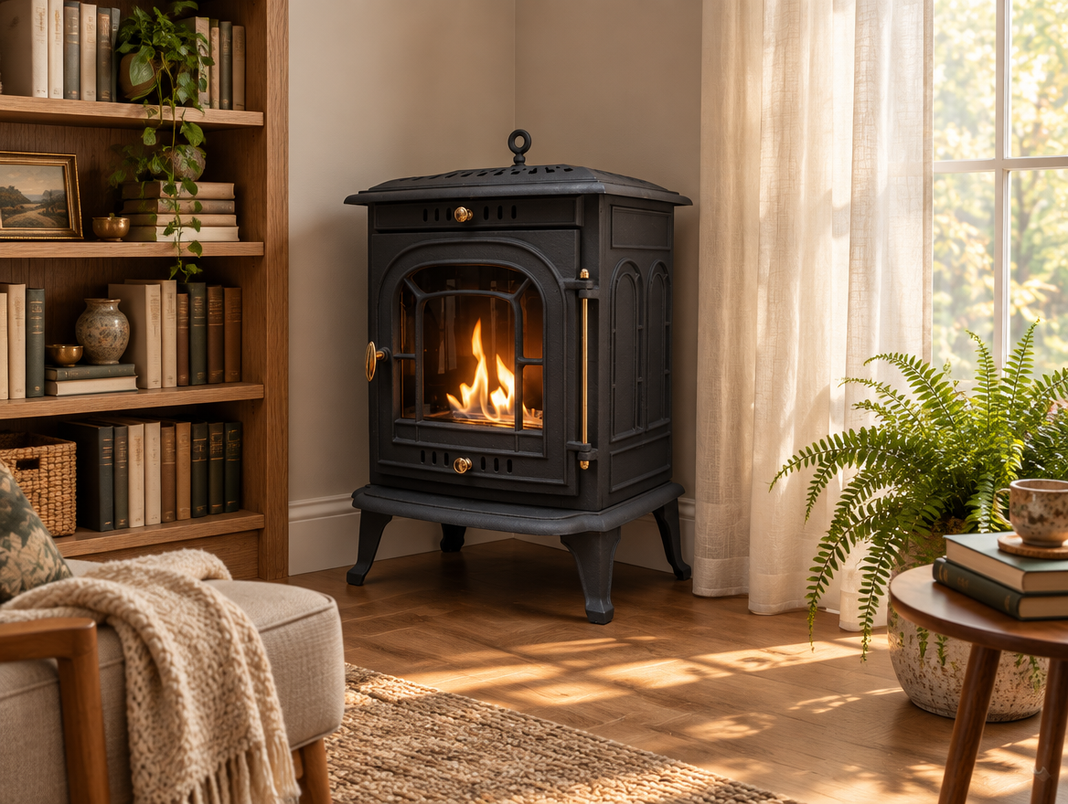 ScandiFlames Altar cast iron bioethanol stove styled in the corner of a cozy sunroom reading nook with bookshelf, window and plant, lit real flame