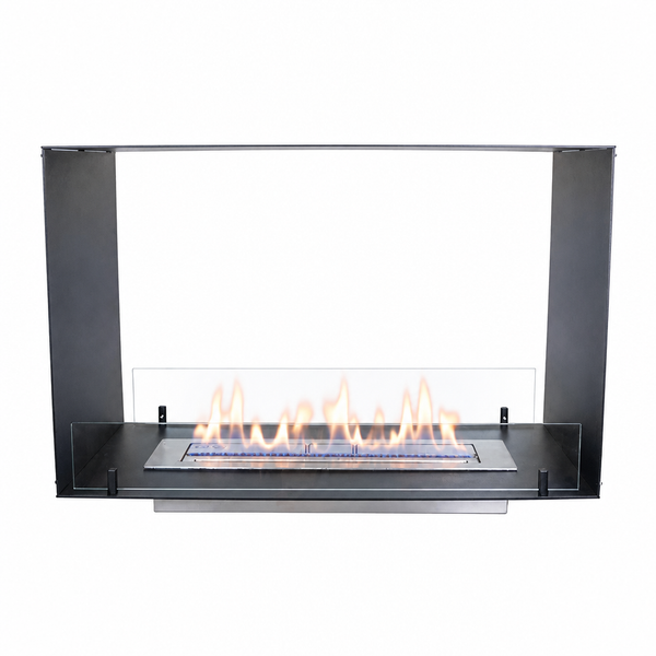 Foco Two 800 see-through bioethanol fireplace, studio shot with lit flame