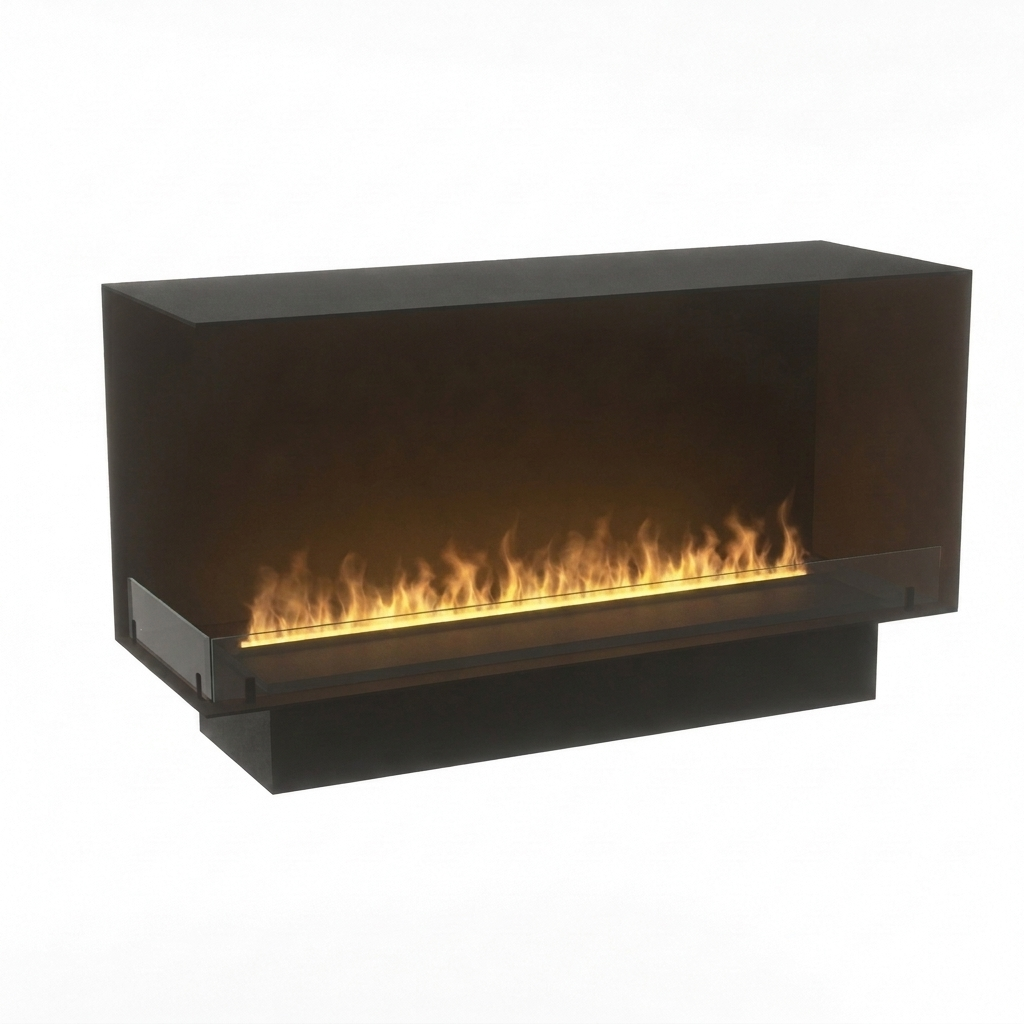 Foco Myst Corner Left 1200 water vapour fireplace, studio shot with realistic Opti-myst flame effect