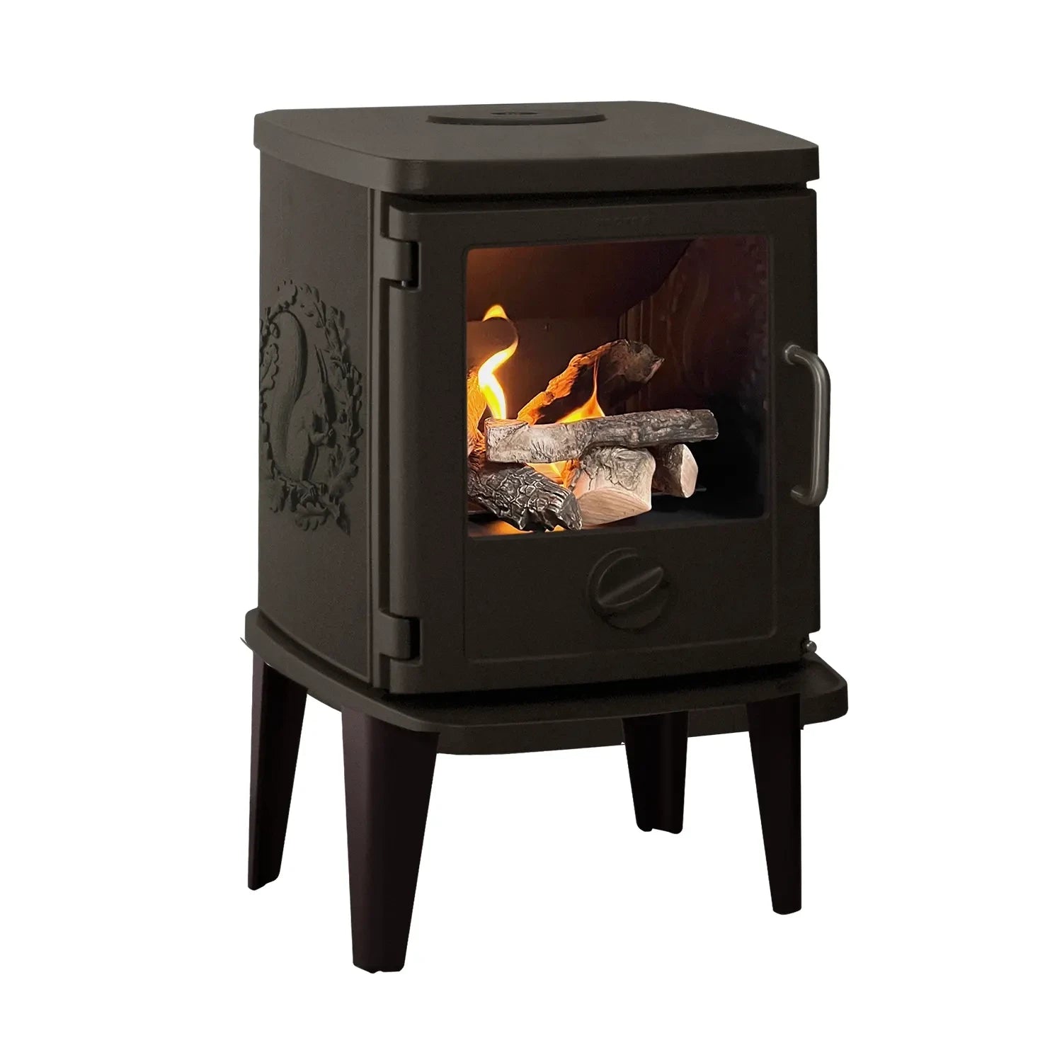 Morsø 3116 bio stove with squirrel design, cast iron, and 250 mm legs