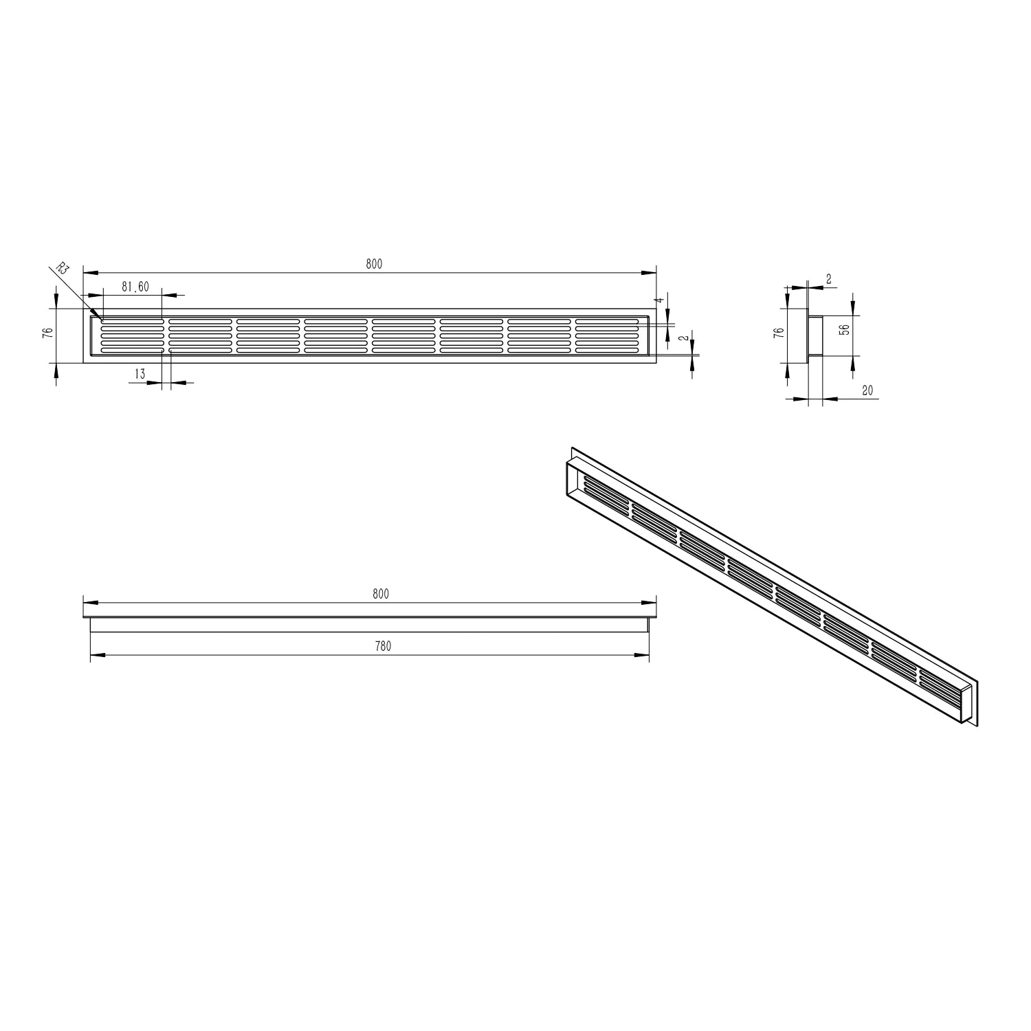 Ventilationsrist Sort - 80x7,6 cm - 210 cm²