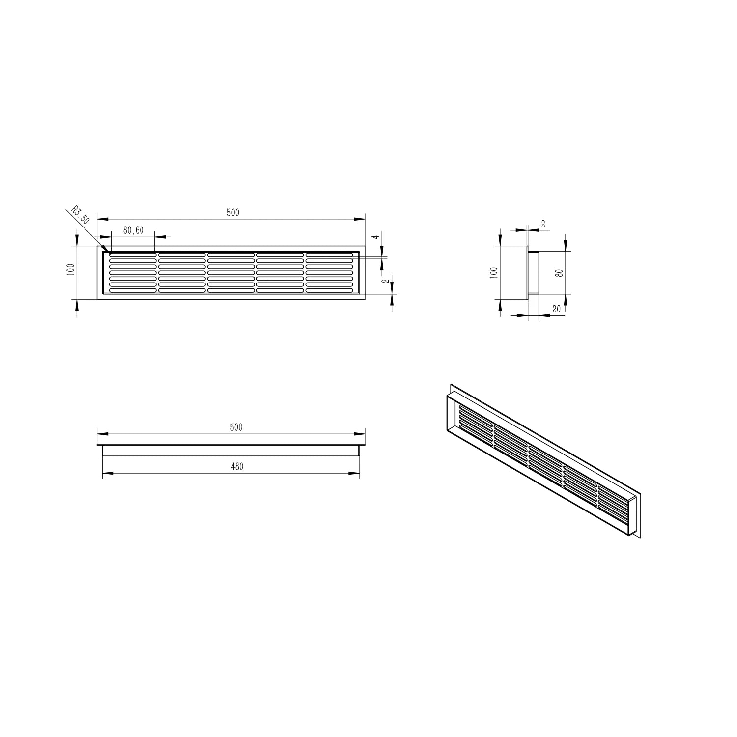 Ventilationsrist Hvid - 50x10 cm - 214 cm²