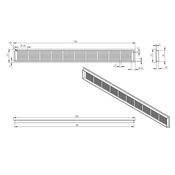 Ventilationsrist Hvid - 100x11 cm - 420 cm²